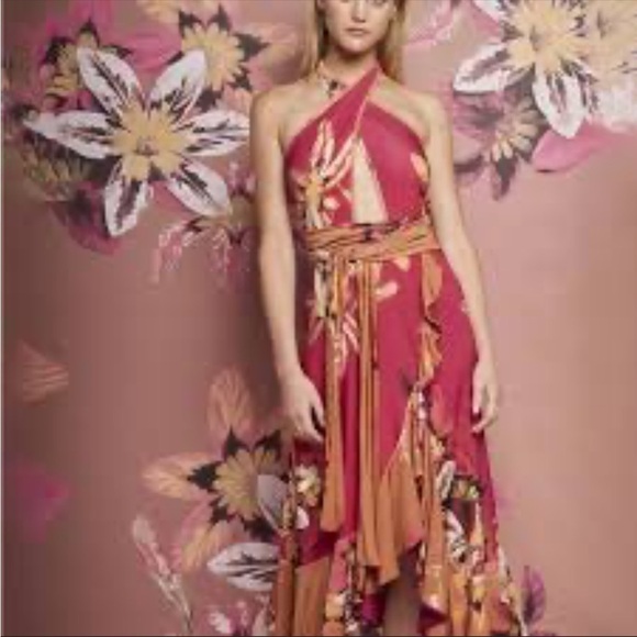 PatBo- Multicolored Floral Jersey Carmen halter Midi Wrap Dress - Picture 3 of 6